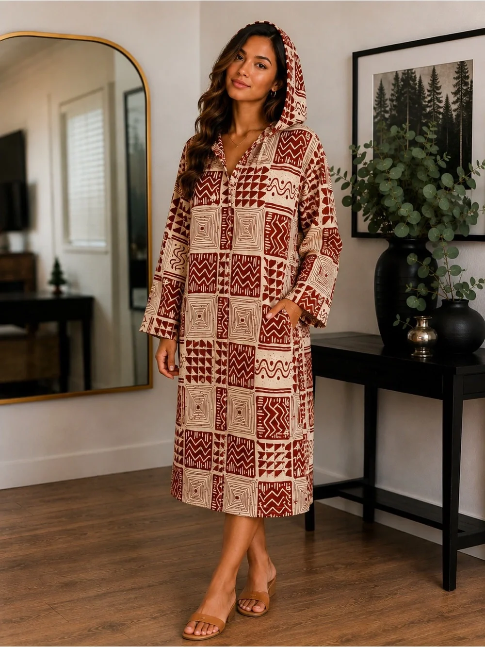 Women's Hooded cotton jacket in Burgundy & Cream